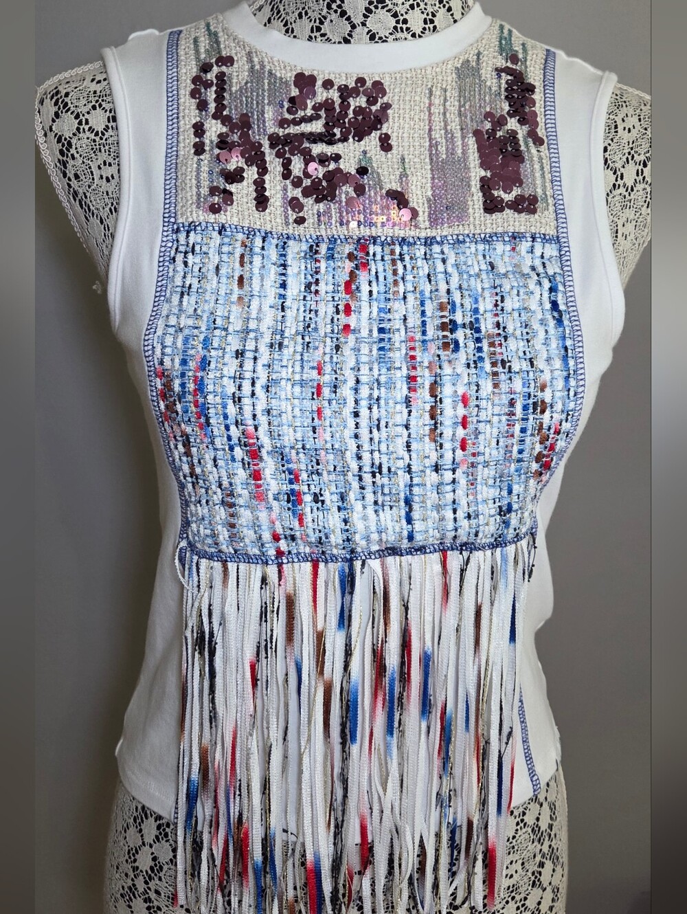 Desigual White Tank Top with Pink Sequin Yoke and Blue Woven Panel - Picture 3 of 8